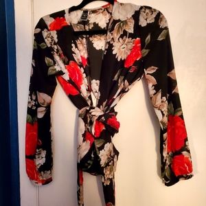 Black Floral Kimono Style Long Sleeve Blouse